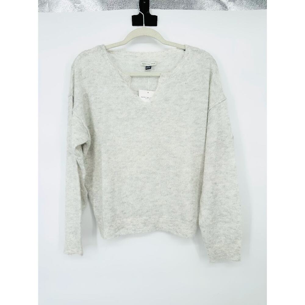 American Eagle Womens Pullover‎ V Neck Sweater White Grey Oversize Soft Size XS